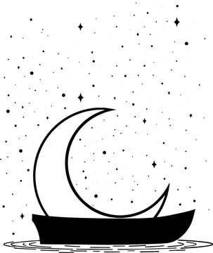 Boat with stars and moon on the water, png file