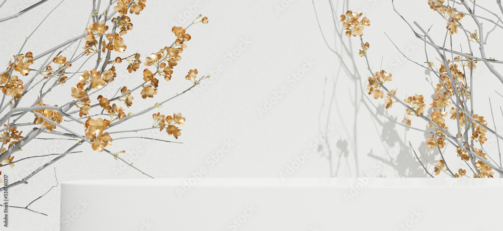 Aufkleber 3d rendering  background podium. display stand . Abstract minimal scene with geometric forms with decorative flowers Skura . Japan style products display stand 