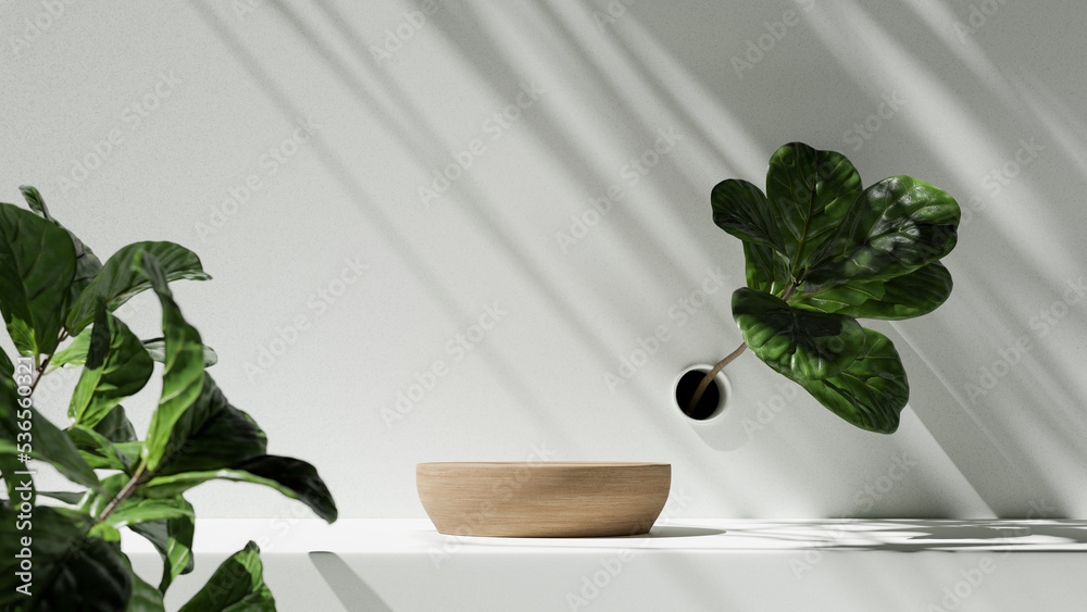 Poster minimal abstract cosmetic background for product presentation. cosmetic bottle podium and green leaf