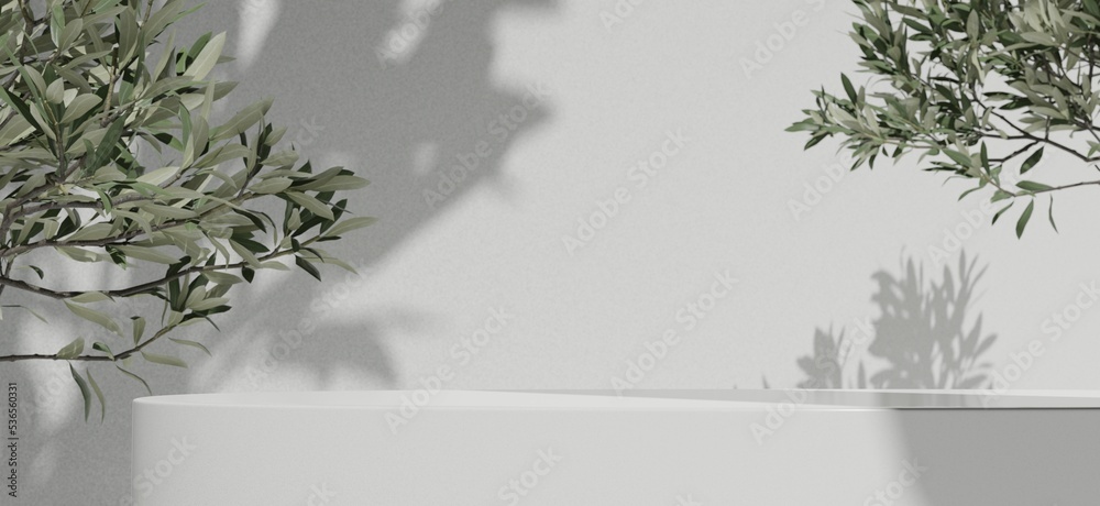 Poster minimal abstract cosmetic background for product presentation. cosmetic bottle podium and green leaf