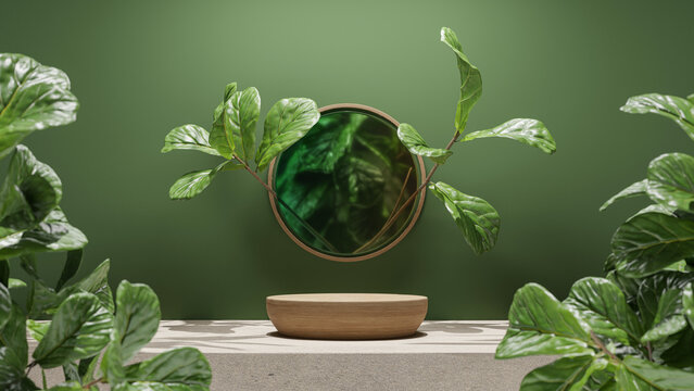 Minimal Abstract cosmetic background for product presentation. Cosmetic bottle podium and green leaf on green color background and soil floor . 3d rendering. Display stand for natural products