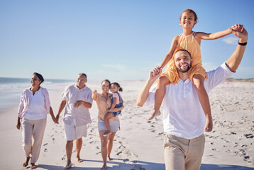 Beach, family and father with daughter on back and grandparents walk on sand to relax, bonding and fun. Happy, parents and kids being playful, smile and enjoy the sunny day in summer on a vacation.