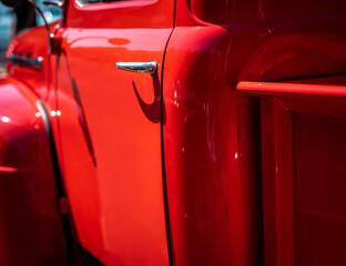 Bright red restored antique pickup truck at a car show on a sunny day. Detail of drivers door with shallow depth of field focus image. - obrazy, fototapety, plakaty