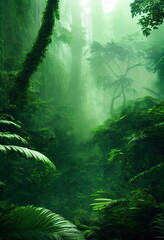 tropical misty Jungle rainforest nature environment, lush green foliage