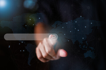Man using touching the virtual screen display searching information data ,website,networking with Search Bar. Research data, Search Browsing Internet web and technology online Concept.
