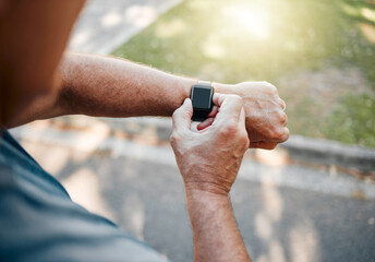 Man, street and running with smartwatch for heart reading, health and fitness on break. Runner,...