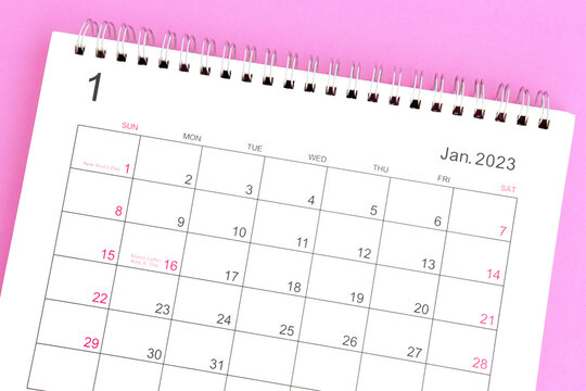 Calendar January 2023 Top View On A Pink Background