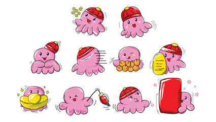 Set of cute christmas octopus character chibi