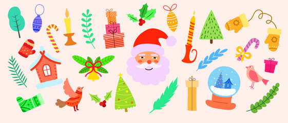 Christmas card decoration set with branches, candy and a bell. Christmas banner with holiday gifts, candles, Christmas toys and Santa Claus. Vector illustration