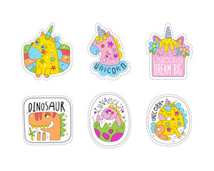 Cute Dinosaur and Unicorn Patches and Stickers Vector Set