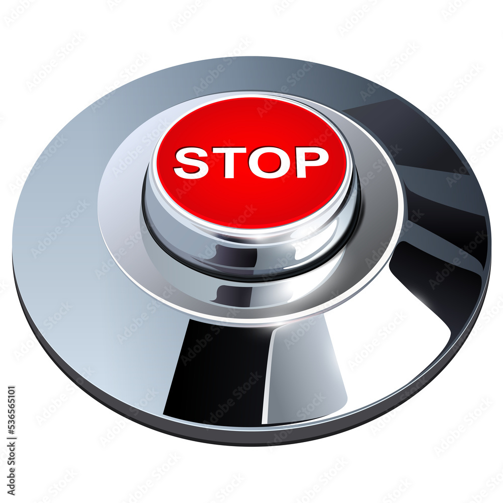 Poster stop button, 3d red chrome metallic, isolated.