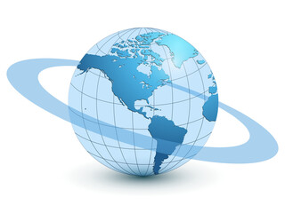 Logo earth globe, blue planet with dynamic orbit. 