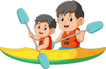 The two boys are rowing the boat in the lake