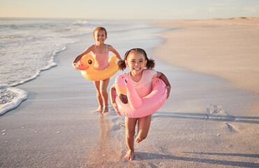 Girls running, kids and beach holiday, vacation or summer trip in Mexico. Travel, portrait and children on sandy ocean sea shore having fun, excited and happy smile together trying to catch waves. - obrazy, fototapety, plakaty