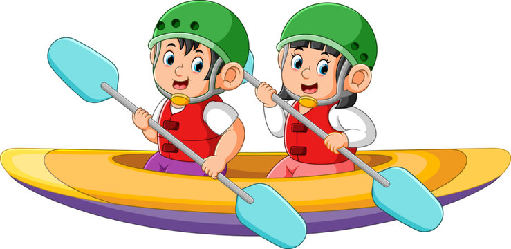 kids kayaking, green helmets, red vests, cartoon clip art preview