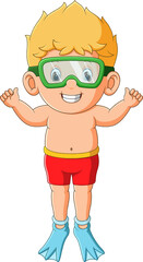 The happy boy is trying for dive with the excited expression