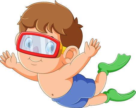 boy swimming with red mask and green fins clip art preview
