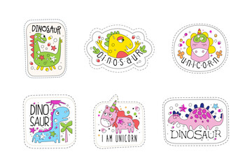 Cute Dinosaur and Unicorn Patches and Stickers Vector Set