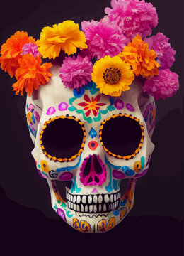 A creepy colourful portrait of a skull for "dia de los muertos", "Day of the dead". 