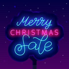 Merry Christmas sale neon street billboard. Luminous advertising. Holiday special offer emblem. Vector illustration