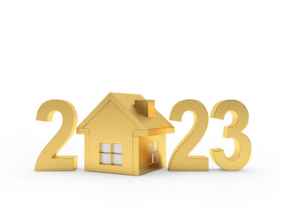Fototapeta na wymiar The concept of expensive real estate. Golden house with number 2023 on white. 3D illustration