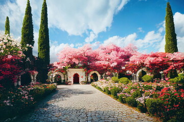 Naklejka premium Beautiful blossoming castle garden, fantasy cg illustration background wallpaper, sakura cherry trees, fluffy clouds, blue sky