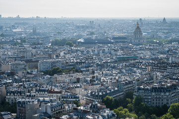 Fototapeta na wymiar Panoramic view from second floor of Eiffel tower in Paris. View of the buildings, parks