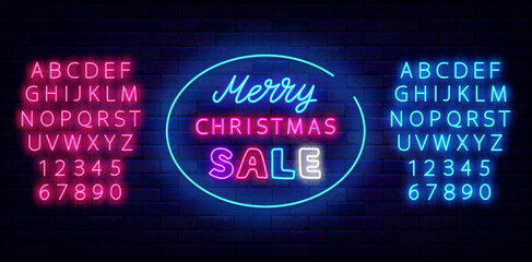 Merry Christmas sale neon signboard. Circle framen. Luminous pink and blue alphabet. Vector stock illustration