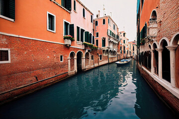 Fototapeta na wymiar Italy Venice canals, colorful buildings, blue water, celar sky, gondolas