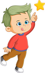 The boy is trying for reaching and touching the bright star