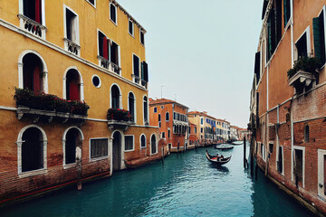 Obraz na płótnie Canvas Italy Venice canals, colorful buildings, blue water, celar sky, gondolas