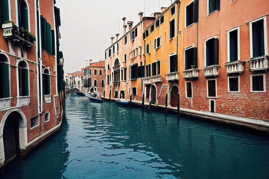 Italy Venice canals, colorful buildings, blue water, celar sky, gondolas