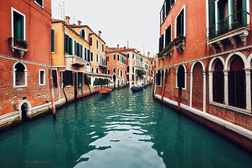 Italy Venice canals, colorful buildings, blue water, celar sky, gondolas