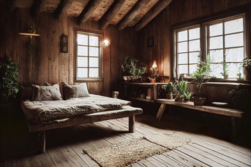 Cozy rustic wooden log cabin house interior, warm lights, indoor plants, double bed, luxury architecture background