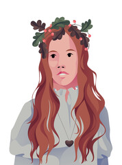 Young red-haired girl in a wreath of oak leaves. Vector illustration, character design, portrait.