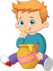 The little boy is licking the sweet honey from the jug