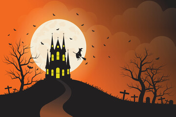 Halloween night Party and dark orange sky background, dark castle on the hill and the moon background,. vector illustration