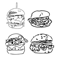 Burger black outline sketch. Vintage style. Vector illustration.