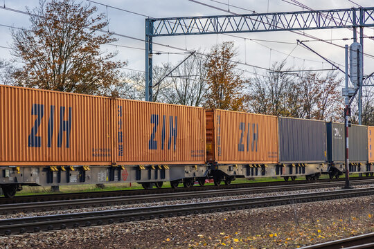 Rogow, Poland - October 23, 2021: Zhengzhou International Hub - ZIH Cargo train in Rogow