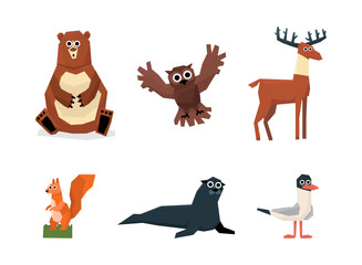 Cute Woodland Animals with Owl, Bear, Squirrel, Deer, Seagull and Seal Vector Set