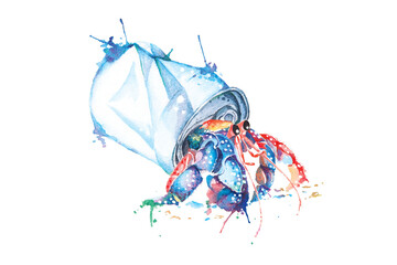 hermit crab residing in a tin, painted in watercolor.Protecting the environment and recycling to reduce waste affecting marine animals. © joy8046