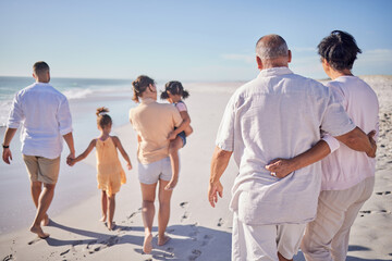Big family at beach, relax on summer vacation with grandparents and kids at the sea. Retirement...
