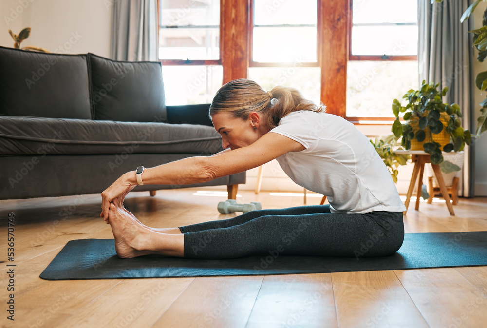 Poster Yoga, meditation and woman stretching for exercise for wellness, zen and health at home. Healthy lady with peace, spiritual and calm lifestyle doing pilates workout for mind and body in living room.