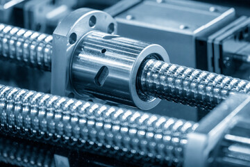 Closeup scene  assembly of spare parts  lead ball screw set. - obrazy, fototapety, plakaty