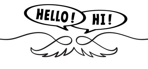 Slogan hello and hi. moustache, mustache or beard men face. World hello day, November 21, Greet or welcome man saying or speaking hello. Happy emotions speed bubble or speech bubble sign.