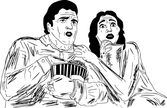 Vector illustration of Woman and man watching horror movie eating popcorn, sketch drawing of Shocked couple Watching Spooky Movie, cartoon silhouette of scared young couple while watching tv show