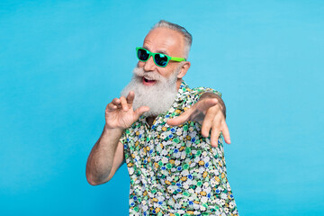 Closeup photo of old aged excited positive granddad wear green sunglass relax dancing wear shirt...