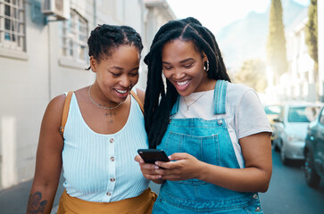 Happy black woman, friends and phone in social media communication, texting together outside an...
