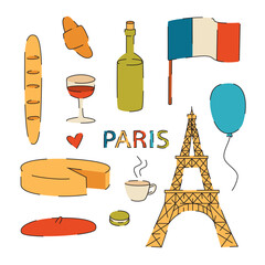 Color vector flat illustration of Paris. Vector set of icons about France. French symbols isolated on white background. Hand-drawn pictures about paris.