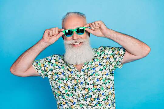 Closeup photo of old senior bearded grandfather toothy smile wear sunglass beach businessman summer chill relax isolated on bright blue color background